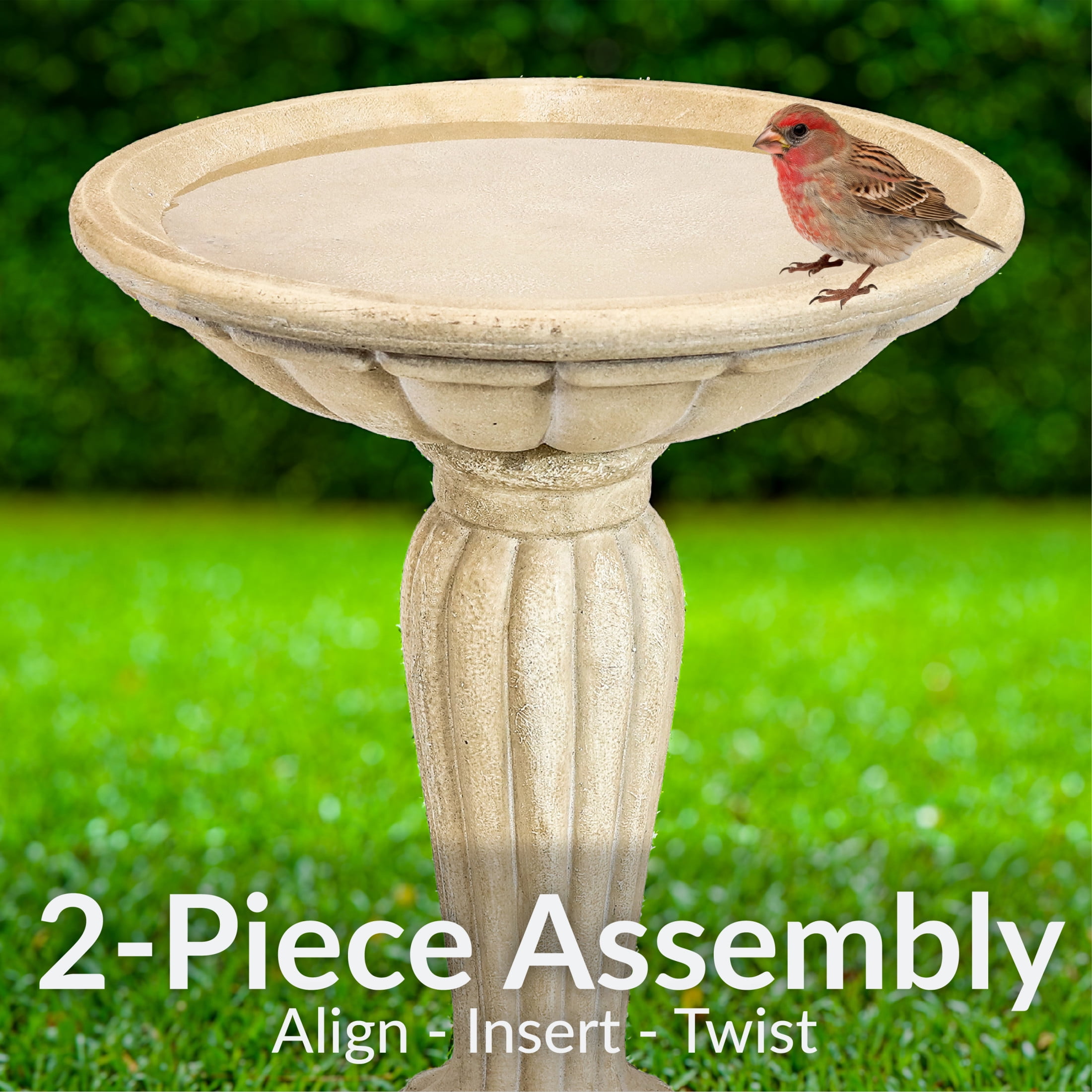 Sunnydaze Grecian Column Freestanding Glass Fiber Reinforced Concrete Outdoor Bird Bath, White