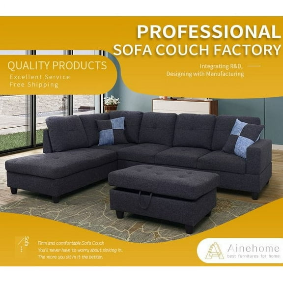Ponliving Furniture Sectional Sofa, Dark Gray Linen