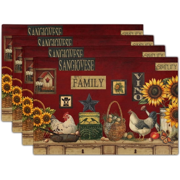 Vintage Rooster Placemat Set of 4, 12x18 Inch Farmhouse Rustic Chicken Hen Sunflowers Dining Table Mats Heat-Resistant Washable for Country Style Home Kitchen Picnic Decoration