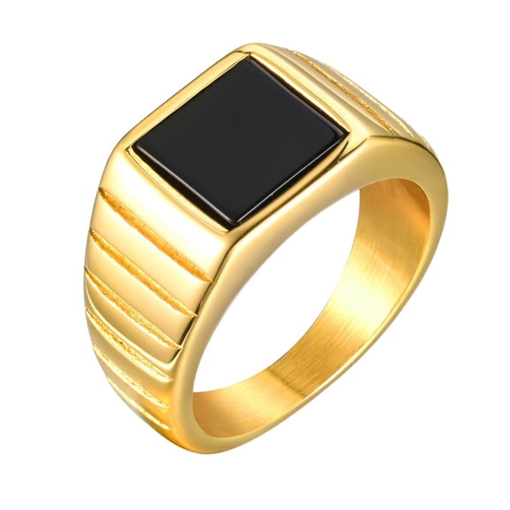 PAURO Men's Stainless Steel Square Black Stone Signet Ring Gemstone with Step style Engraved Sides Rings Gold Size 8