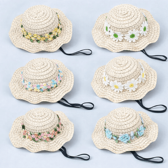 AYktou Decorative Pet Hats, Mini Hand-Woven Outdoor Straw Hat with Embroidered Flower Round Brim Sun Hat Puppy Small Kitty Sunhats Adjustable Straw Caps for Small Pets Cat and Dog