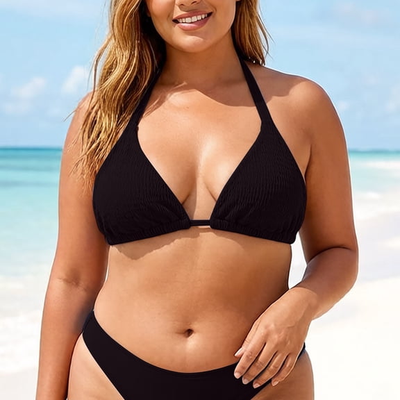 Swimsuits for Women Plus Size Solid Print Halter Neck Sleeveless Tie Front Fast Drying Bikini Top for Beach Bathing Suits Women Black L
