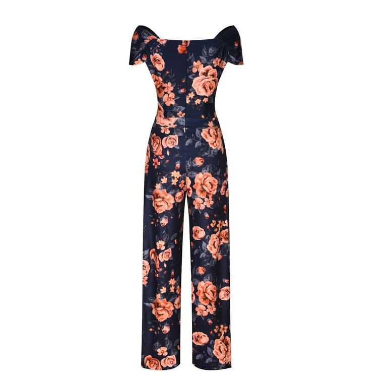 Women summer long floral print pattern dark blue rompers straight halter jumpsuit Women summer long floral print pattern dark blue rompers straight halter jumpsuit