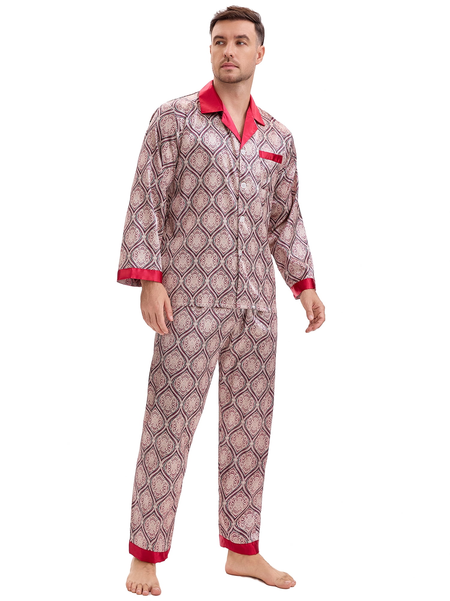 DARING DIVA Men's 2-Piece Button Down Printing Sleepshirt Pajamas Set XL Red Gray