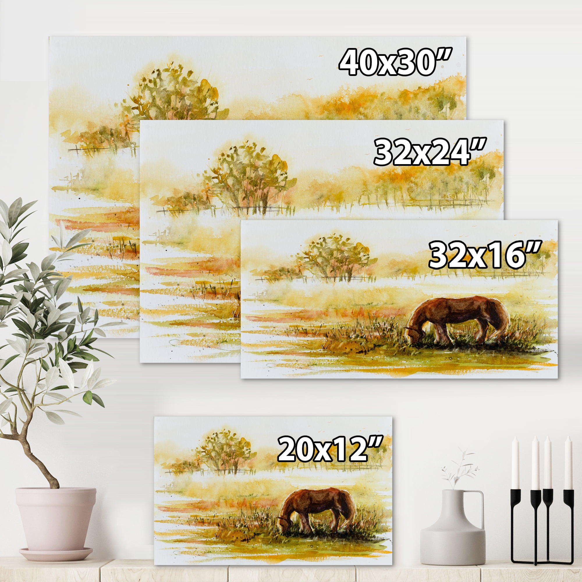 Horse Eating Grass On A Meadow 40 in x 30 in Painting Canvas Art Print, by Designart