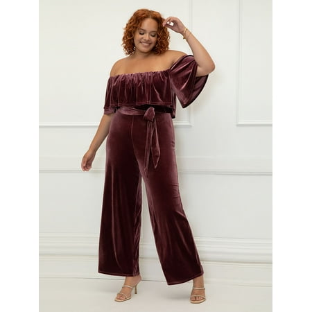 ELOQUII Elements Women's Plus Size Off the Shoulder Velvet Jumpsuit