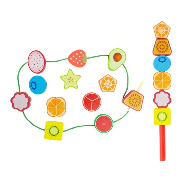 Fiocias Lacing Beads Threading Beads Wooden Blocks Educational Game Stringing Training Manual Dexterity Development Motor Coordination Suitable for Children A Fruits