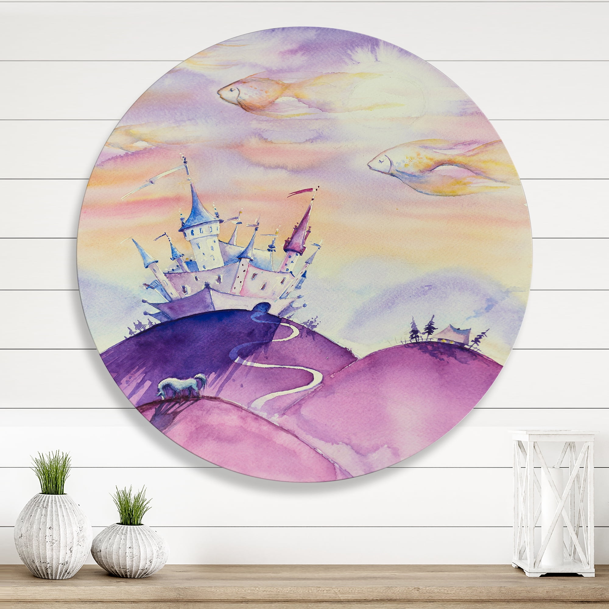 Designart 'Fairy Tale Kingdom Palace On Purple Mountain Top' Children's Art Circle Metal Wall Art 23x23 - Disc of 23
