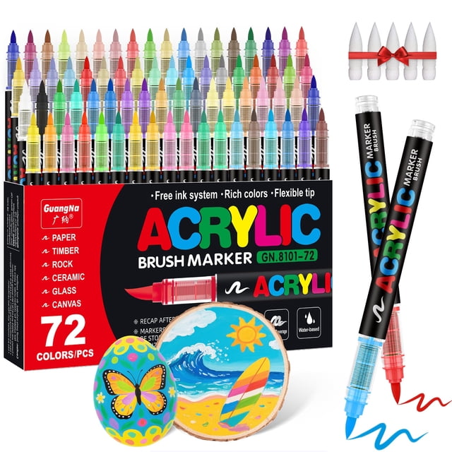 Marcadores de pintura acrílica Guangna con punta de pincel, 72 colores, 1-6 mm