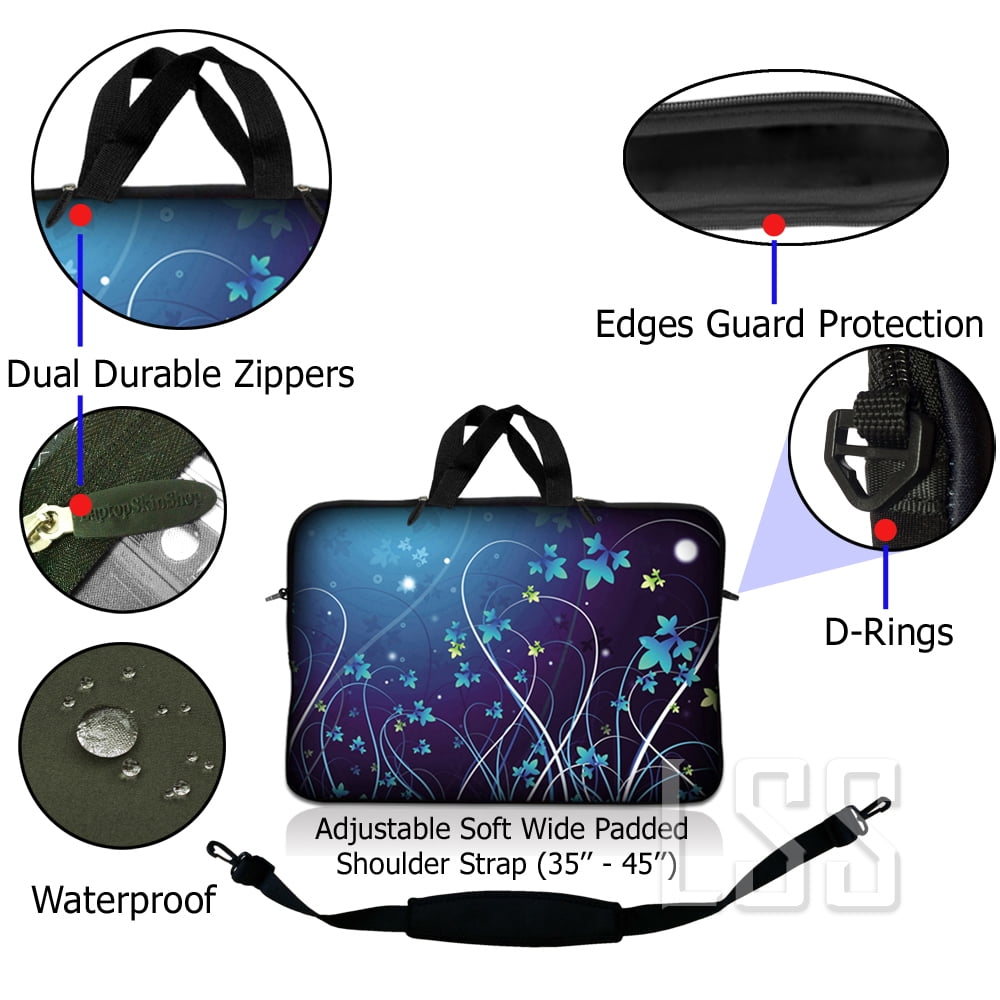 LSS 10-11.6 inch Laptop Sleeve Bag Compatible with Acer, Dell, HP, Sony, MacBook, Carrying Case w/ Handle & Adjustable Strap - Blue Swirl Mid Summer Night Floral