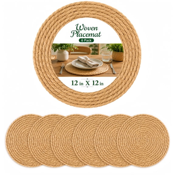 12 in Round Woven Placemats Set of 6, Boho Farmhouse Placemat for Dining Table Decor, Rustic Rattan Wicker Table Mats, Jute Braided Plate Chargers for Kitchen Dining Party Dinner Plates