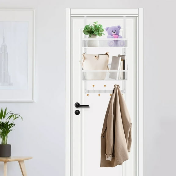 Over The Door Hooks Organizer Metal Over The Door Storage Hanger Towel Rack with 2 Mesh Baskets Space Saving for Bathroom Bedroom Kitchen Office