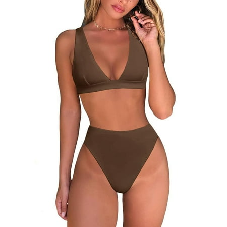 Rovga Swimsuit For Women 2024 Ladies High Waisted Thong Bikini Sets Sexy Brazilian Triangle Top Deep V Neck Two Piece Swimsuit Bathing Suits Coffee S