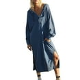thumbnail image 2 of BiZtdJrK Women's Hooded Sweatshirt Dresses Deep V Neck Drop Shoulder Long Sleeve Hoodie Sweatshirts Zipper Side Split Loose Casual Midi Dress with Pockets Navy XXL, 2 of 5