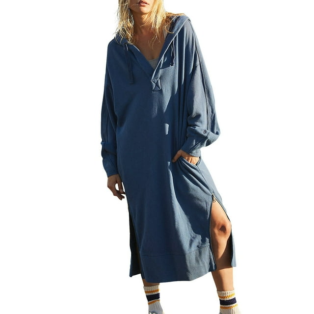 Japceit Robe à Manches Longues pour Femmes Blouses à Manches Longues pour Femmes Mode Femmes Décontracté Manches Longues Solide Dames Hauts à Fermeture Éclair Poche Blouse Chandails en Molleton à Capuche Robe à Capuche Blouses à Manches 3/4 pour Femmes