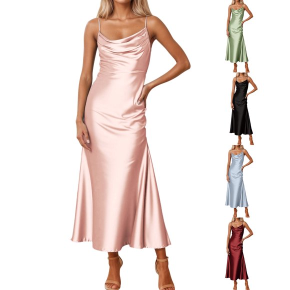 Xuniizn Robes Satinées pour Femmes Col Rond à Bretelles Sans Manches Robe Maxi Mode Élégante Couleur Unie Robe d'Été Décontractée, TP-TG