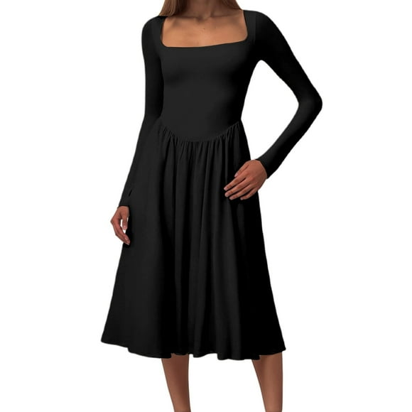 GDREDA Elegant Square Neck Timeless Midi Dress With Waist Tie For Lady Summer Casual Day Wear Long Sleeve Black,S