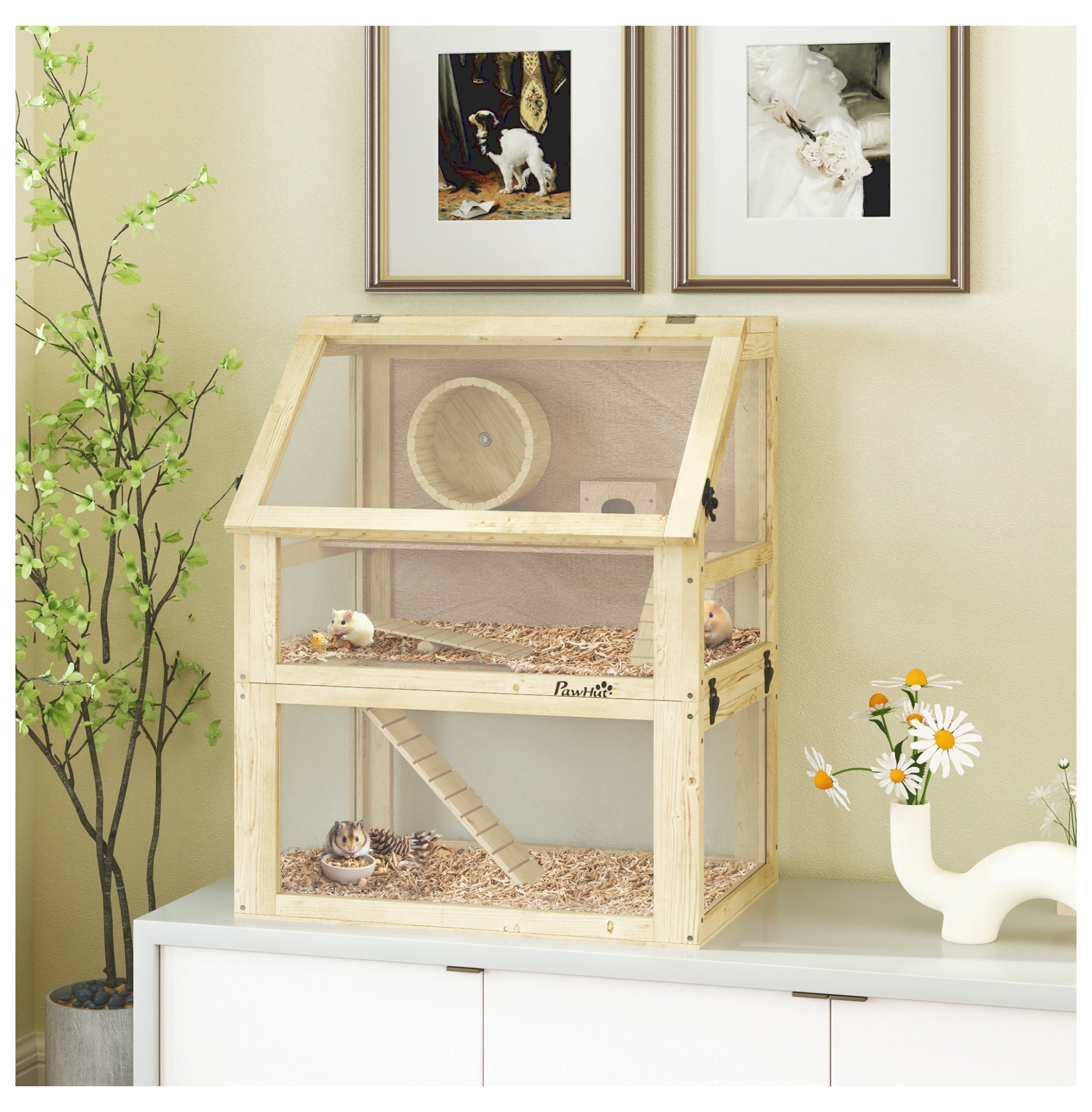 Hamster Cage 3 Tier Wooden w/Wheel, Hut & Seesaw - 24x16x29.5in - Small Animal Habitat for Hamsters, Gerbils & Mice
