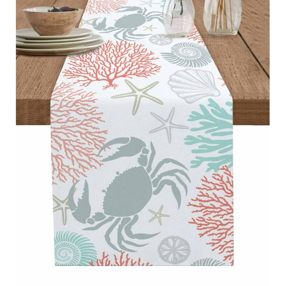 Teal Red Crab Coastal Table Runner 70 Inches, Summer Coral Nautical Bed Runner Dresser Scarves Tabletop for Indoor Outdoor Parties/Ceremony/Banquet, 13" x 70"