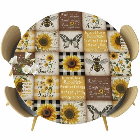 Round Fitted Tablecloth Retro Country Pastoral Plaid Circle Table Cover Waterproof Table Cloth with Elastic Edge Sunflower Bee Butterfly Outdoor Tablecloths for Kitchen Picnic 55-60in