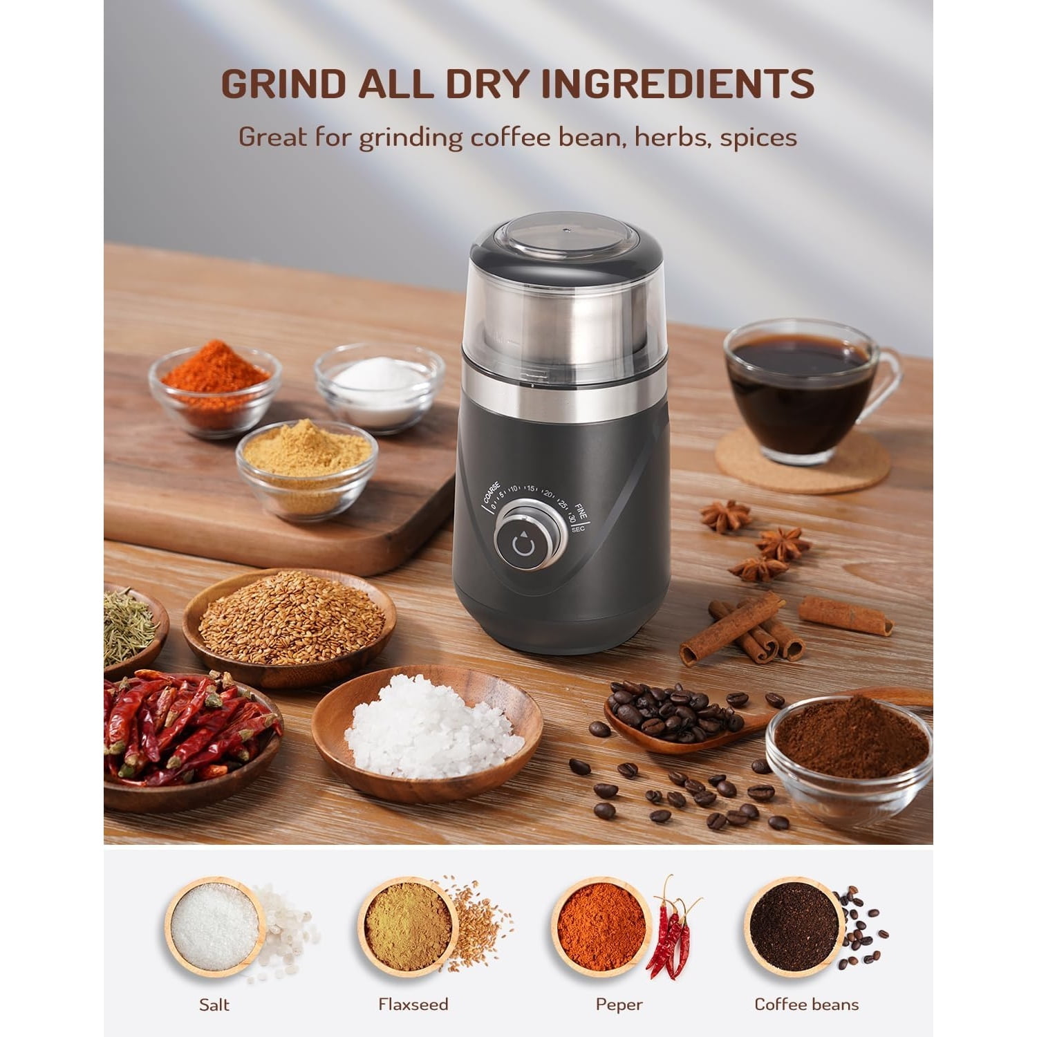 Adjustable Coffee Bean Grinder Electric, Herb/Spice, Espresso Grinder with 1 Removable Stainless Steel Bowl, Matte Black