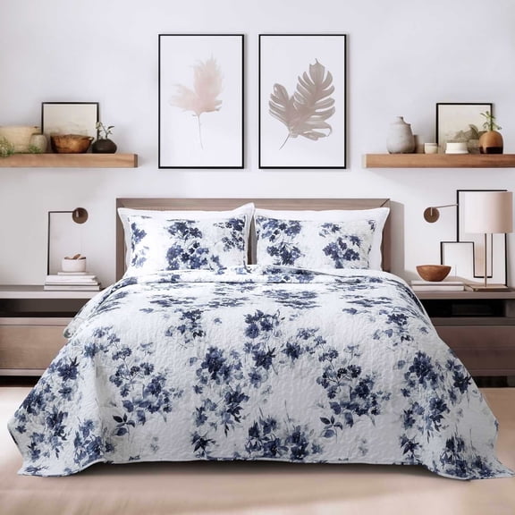Wonderful Bedding Elegant Ink Wash Floral 3-Piece Quilt Set