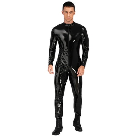 vastwit Men s Wet Look Long Sleeves Catsuit Bodysuits Zipper Full Body Jumpsuit Clubwear Black XXL