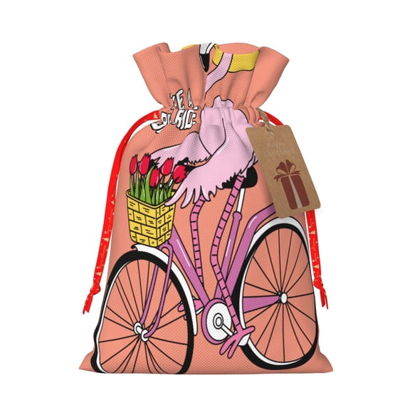 Fuzoiu Flamingo Riding a Bicycle Print Christmas Gift Bag,Burlap Gift Bag with Drawstring Closure & Hang Tag,Perfect for Holidays, Birthdays, and Special Occasions-Small
