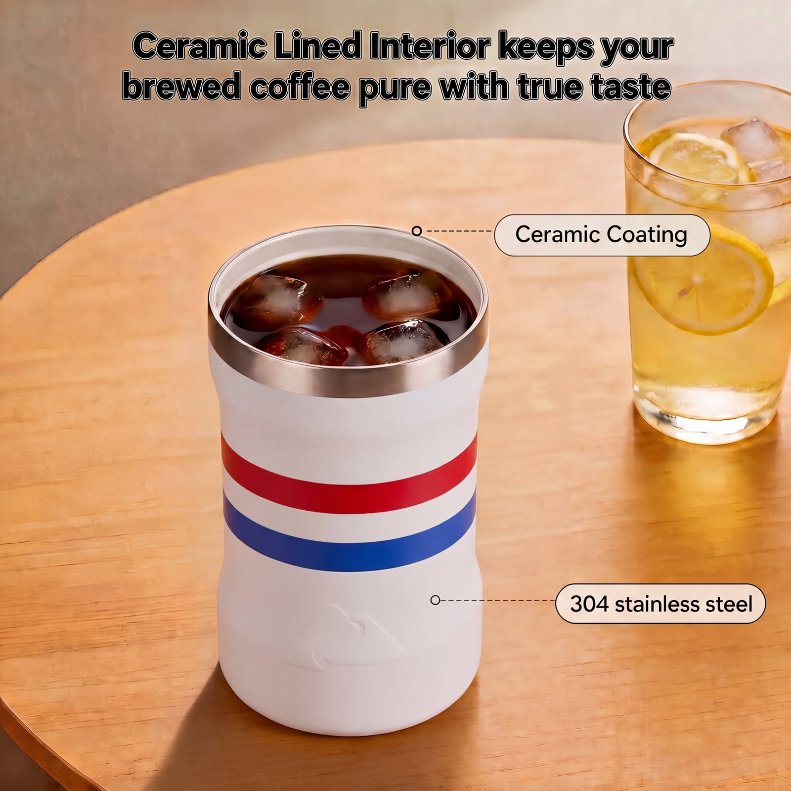 Ozark Trail 16oz Ceramic Lined Stainless Steel Can Tumbler with 2-in-1 Lid,Red and Blue stripe