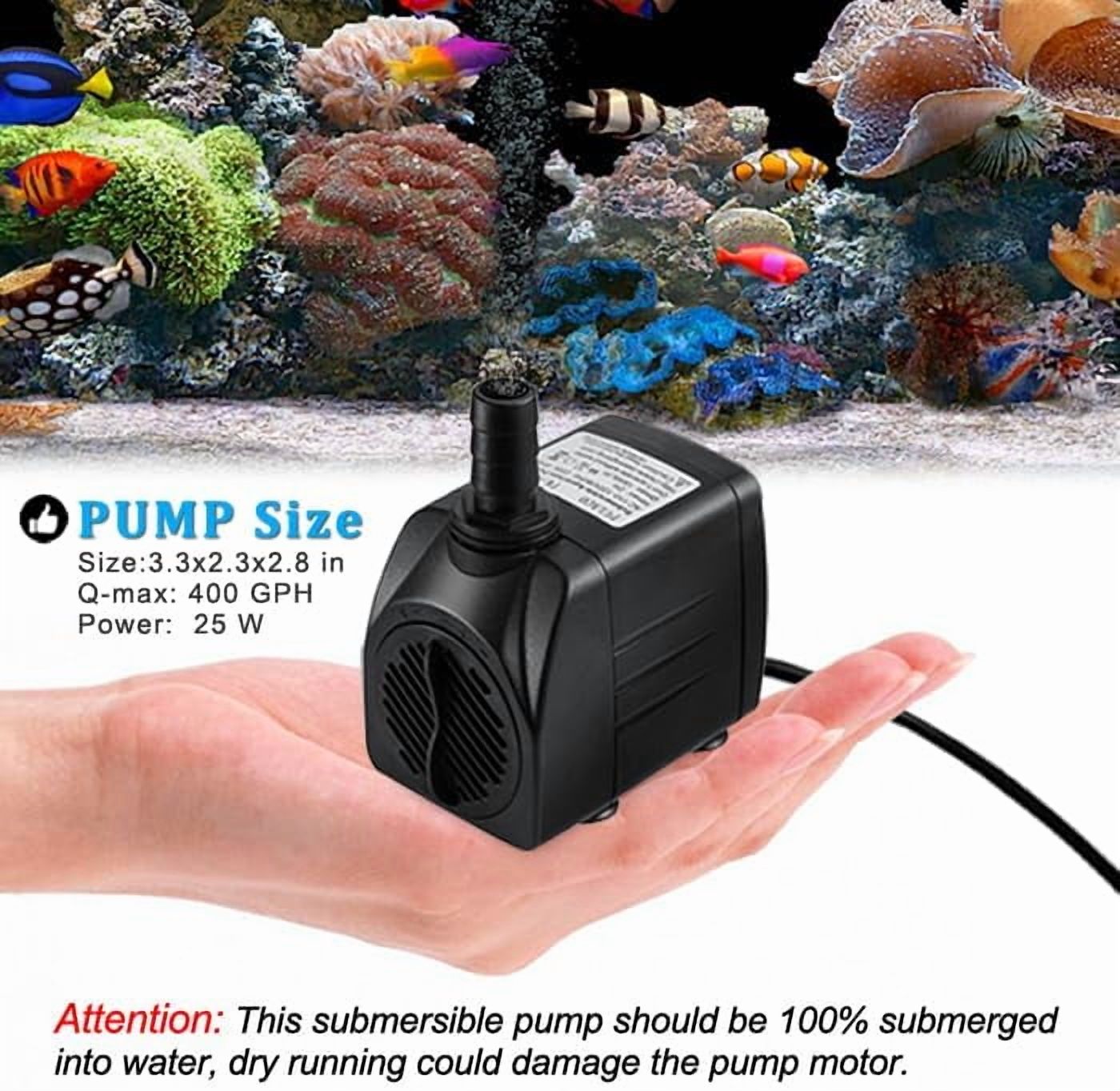 400GPH Submersible Pump with 5 ft Tubing, (1500L/H 25W) durable fountain water pump for Pond Fountain, Aquariums Fish Tank, Statuary, Hydroponics