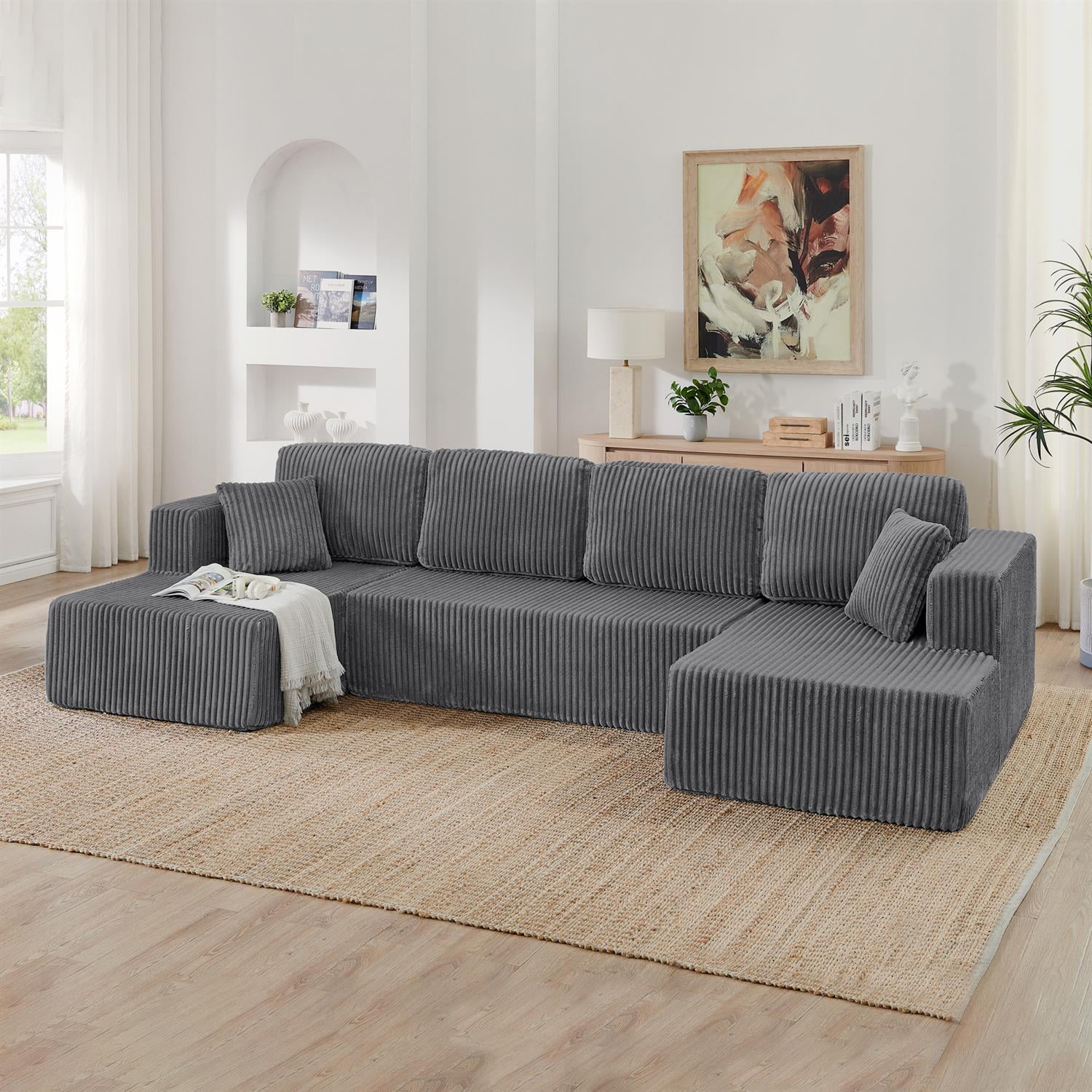 Demi Bonn 132" U-Shaped Modular Sectional Sofa, Modern Corduroy Couch for Living Room & Bedroom, Minimalist Comfy Sleeper Sofa, Gray