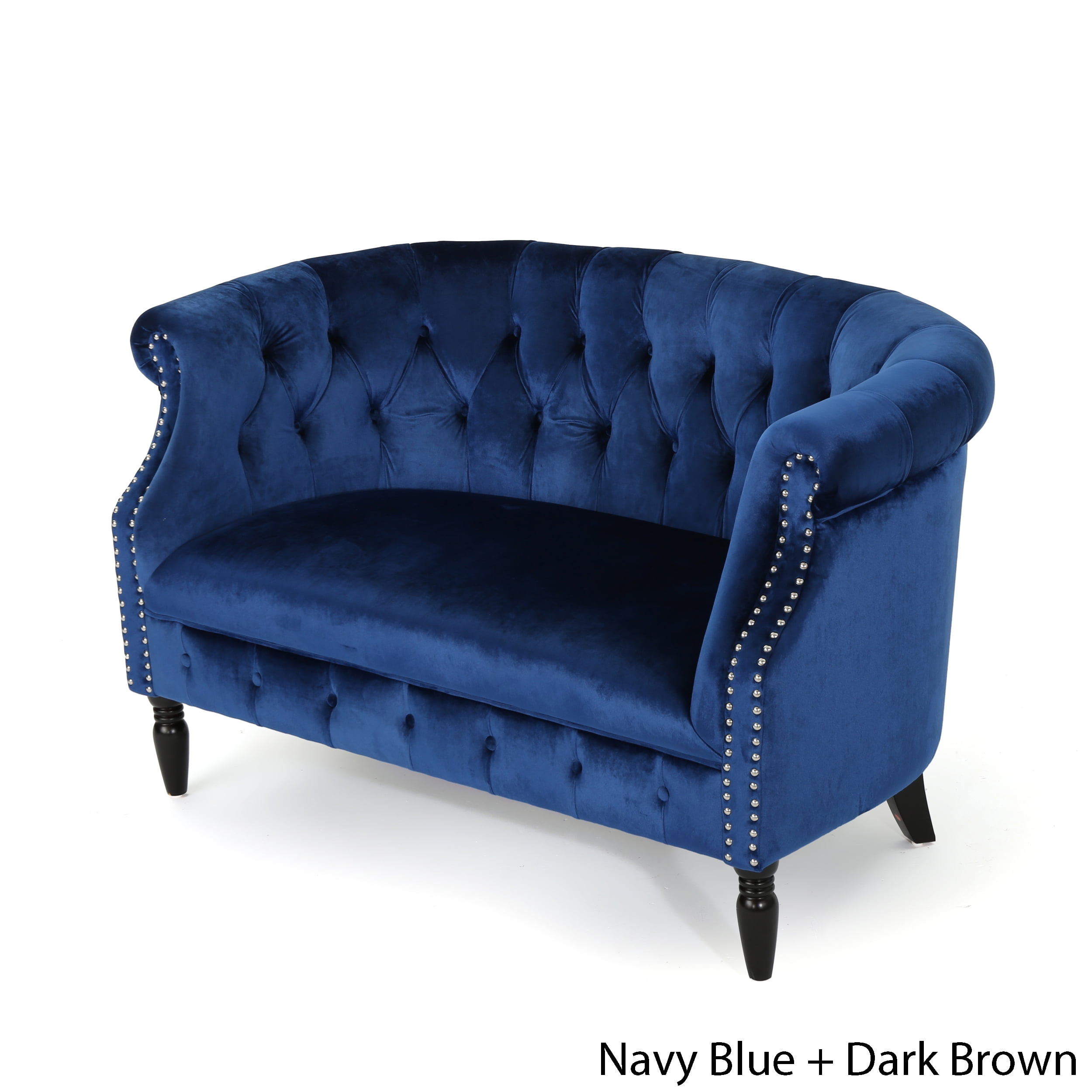 Noble House Myrna Chesterfield Velvet Loveseat with Scrolled Arms, Navy Blue