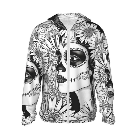 Vsdgher Sweat à Capuche Imprimé Portrait Floral Crâne de Sucre pour Hommes Femmes, Manches Longues Protection Solaire Pêche Course Natation-TTG
