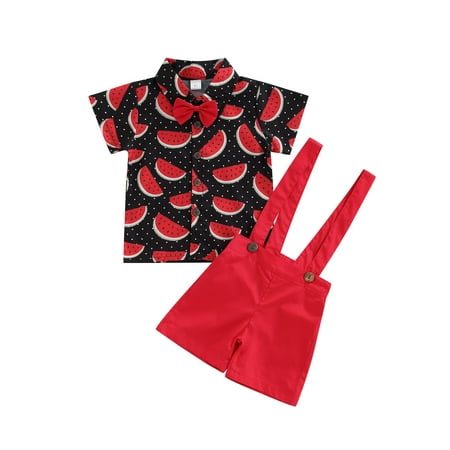 

Nokpsedcb Toddlers Kids Boys Gentleman Outfit Watermelon Print Short Sleeve Button T-shirt and Casual Suspender Shorts Set Red 2-3 Years
