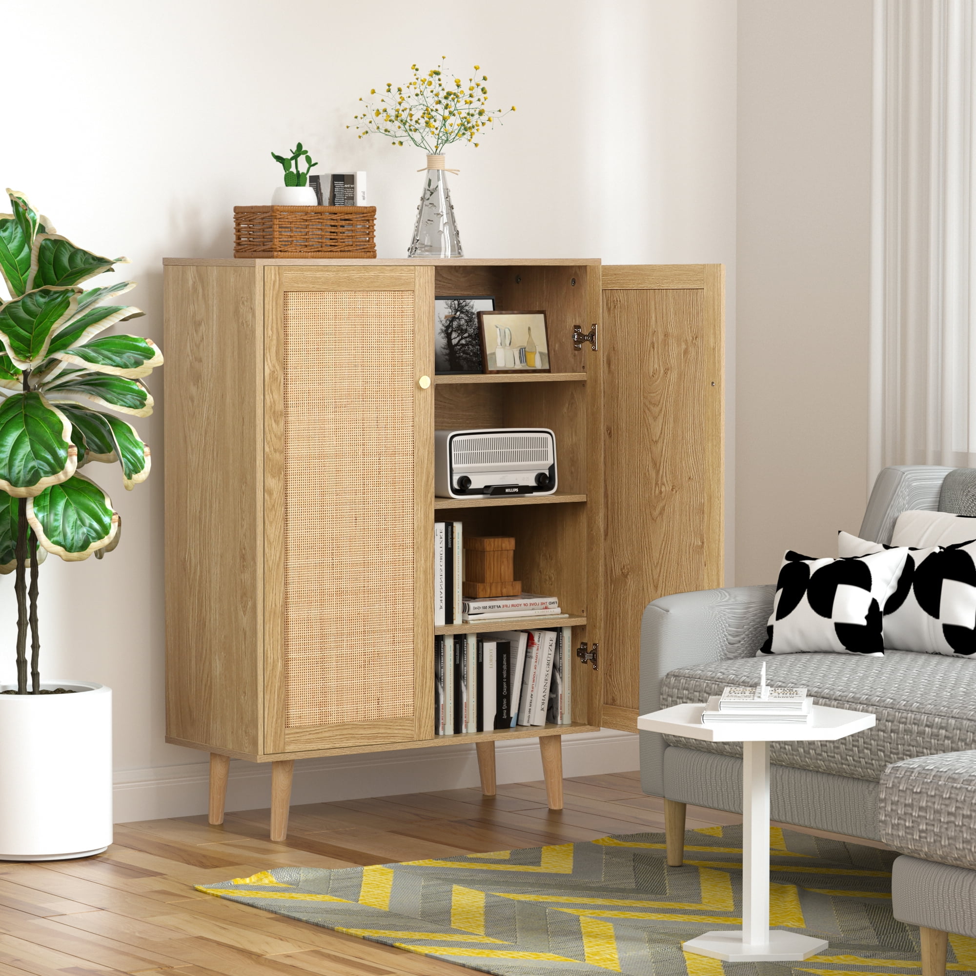 Eumyviv 44 H Tall Sideboards and Buffets with 2 Door Rattan Cabinet Rustic Oak Color Entryway Storage Chest Wood Accent Credenzas Table for Living Room H0030 Walmart