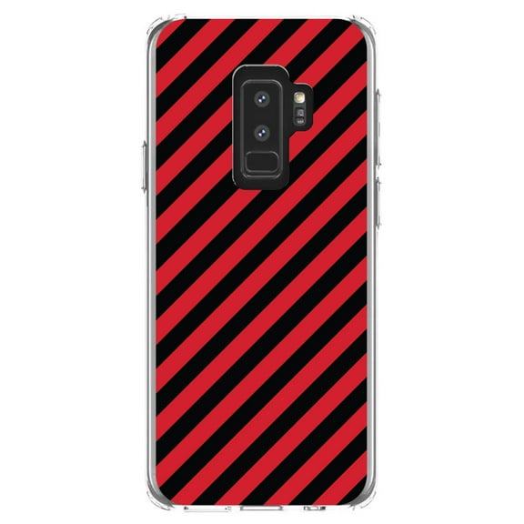 DistinctInk Clear Shockproof Hybrid Case for Samsung Galaxy S9  PLUS (6.2" Screen) - TPU Bumper, Acrylic Back, Tempered Glass Screen Protector - Black Red Diagonal Stripes