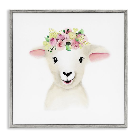 Stupell Industries Baby Lamb Sheep Flower Crown Art for Kids Painting Gray Framed Art Print Wall Art, 17 x 17