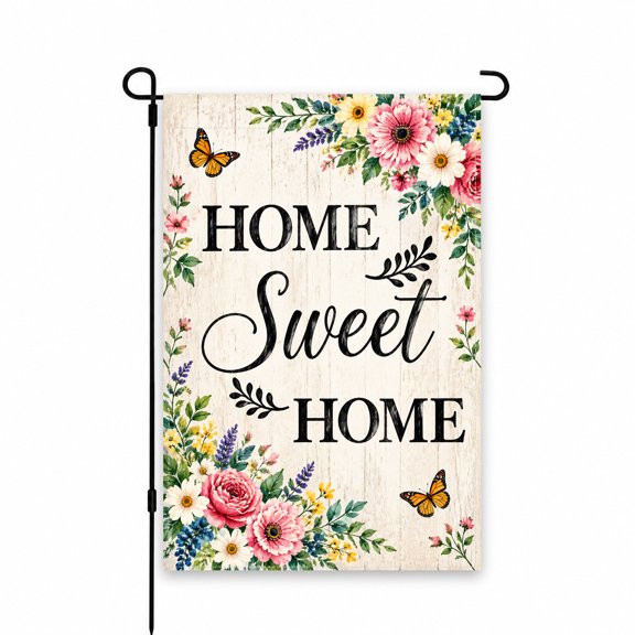 Home Sweet Home Garden Flag 12x18 Inch, Floral and Butterfly Design, Vibrant Colors for Patio, Yard, Lawn, Outdoor Decor, Spring or Summer Delight