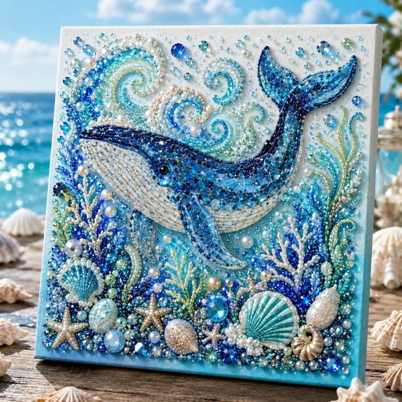 Ocean Theme DIY Pearl Art Kit Blue Whale Wave 3D Sparkling Coastal Mosaic Diamond Painting with Pearls Rhinestones Coastal Home Wall Decor Handmade Gift for Adults Teens Beach Lovers