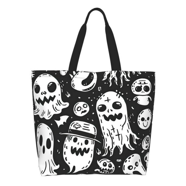 Balery Black White Spooky Ghosts Bolsa Tote Estilo Estético con Cremalleras, Bolsa de Hombro, Bolsa de Compras Grande y Plegable