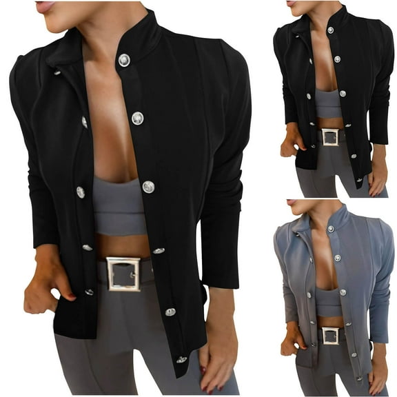 Olyvenn Double-Breasted Stand Collar Jacket for Women Dressy Slim Fit Business Casual Long Sleeve Cardigans Jacket White S