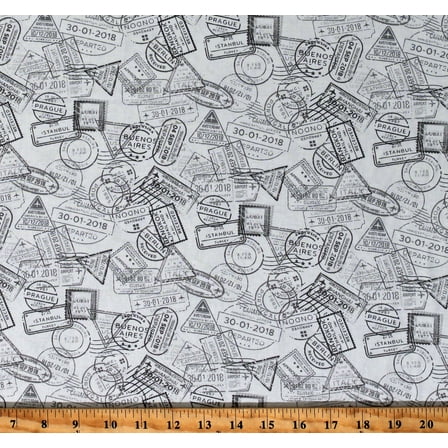 Cotton Passport Stamps Travel Vacation Low Key Mist Gray Cotton Fabric Print by the Yard (Y3482-116)