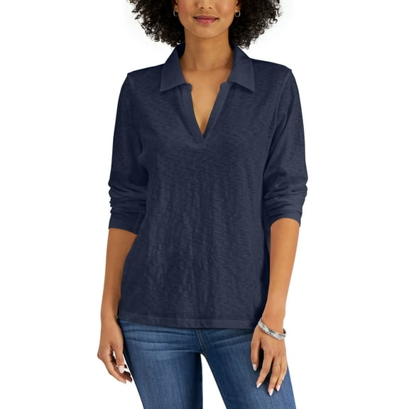 Karen Scott Cotton Long Sleeve Polo Intrepid Blue XL