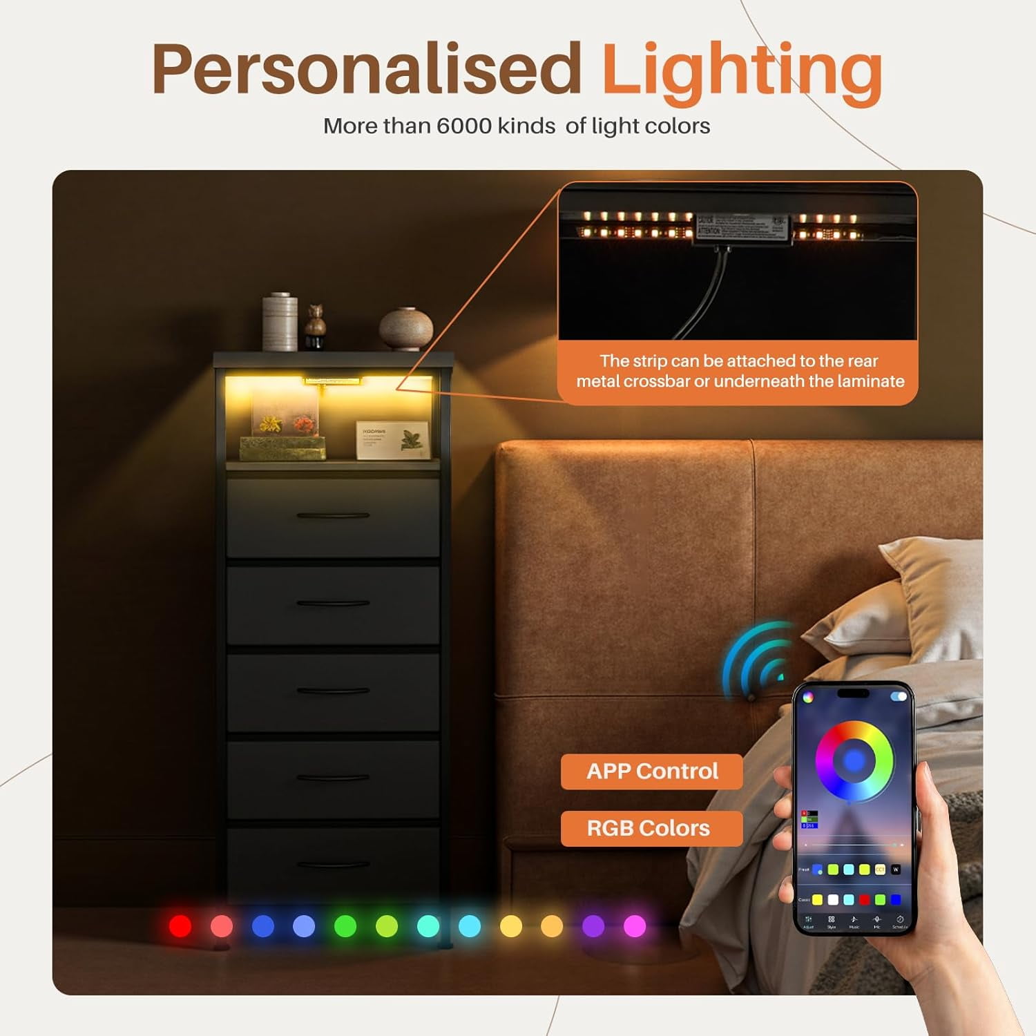 Smart Nightstand with LED Lights & Charging Station | Remote App Control Bedside Table | 2 AC Outlets, USB-C Port, 5 Drawer Storage | Modern End Table for Bedroom, Black