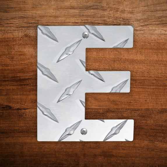 Deco Gables Designs Letter E Hanging Metal Wall Decor Durable Polished Aluminum Diamond Tread Pattern for Home Living Room Bedroom Garage Basement Indoor Outdoor with Mounting Hardware 4 Inches Tall