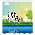 thumbnail image 3 of Cattle Shower Curtain, Graphic Design Grazing Cow in the Field with Trees Near Lake and Windmill Pattern, Fabric Bathroom Set with Hooks, 69W X 70L Inches, Multicolor, by Ambesonne, 3 of 3