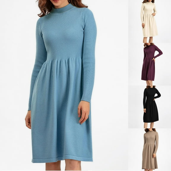 HAPIMO Women's Knee Length A Line Knitted Basic Dress Solid Color Long Sleeve High Neck Elegant Casual Trendy Spring Beige Free Size