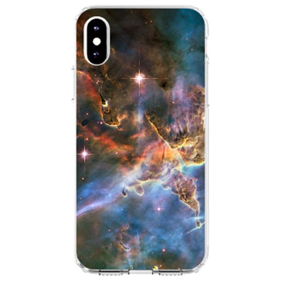DistinctInk Clear Shockproof Hybrid Case for iPhone XS Max (6.5" Screen) - TPU Bumper, Acrylic Back, Tempered Glass Screen Protector - Blue Pink Orange Carina Nebula - Show Your Love of Astronomy