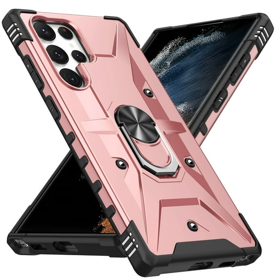 Phone Case for Samsung Galaxy S23 Ultra 6.8 Inch, [ Military Grade ] Shockproof Protective Hybrid Case with Magnetic Car Mount 360°Rotate Ring Holder Kickstand Cover, Rosegold