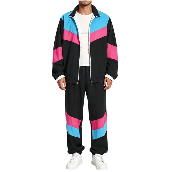 HCBY Men's 80s 90s Outfit Retro Tracksuit 2 Piece Set Color Block Zip Up Windbreaker Jacket and Jogger Pants for Party Halloween